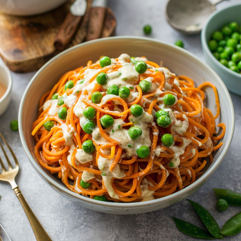 Espaguete de Cenoura ao Molho Branco de Tofu com Ervilhas