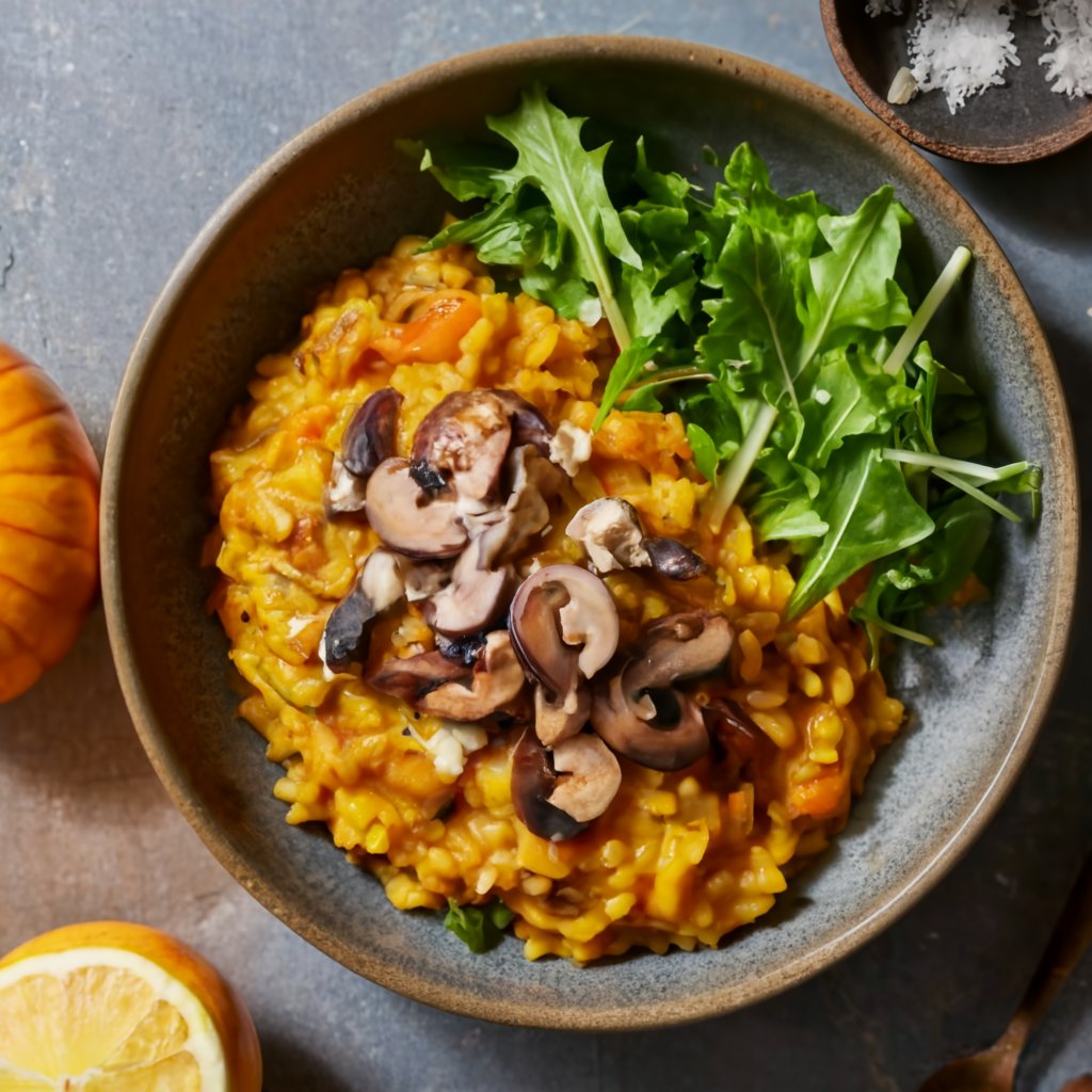 Risoto de Abóbora e Cogumelos com Salada Verde