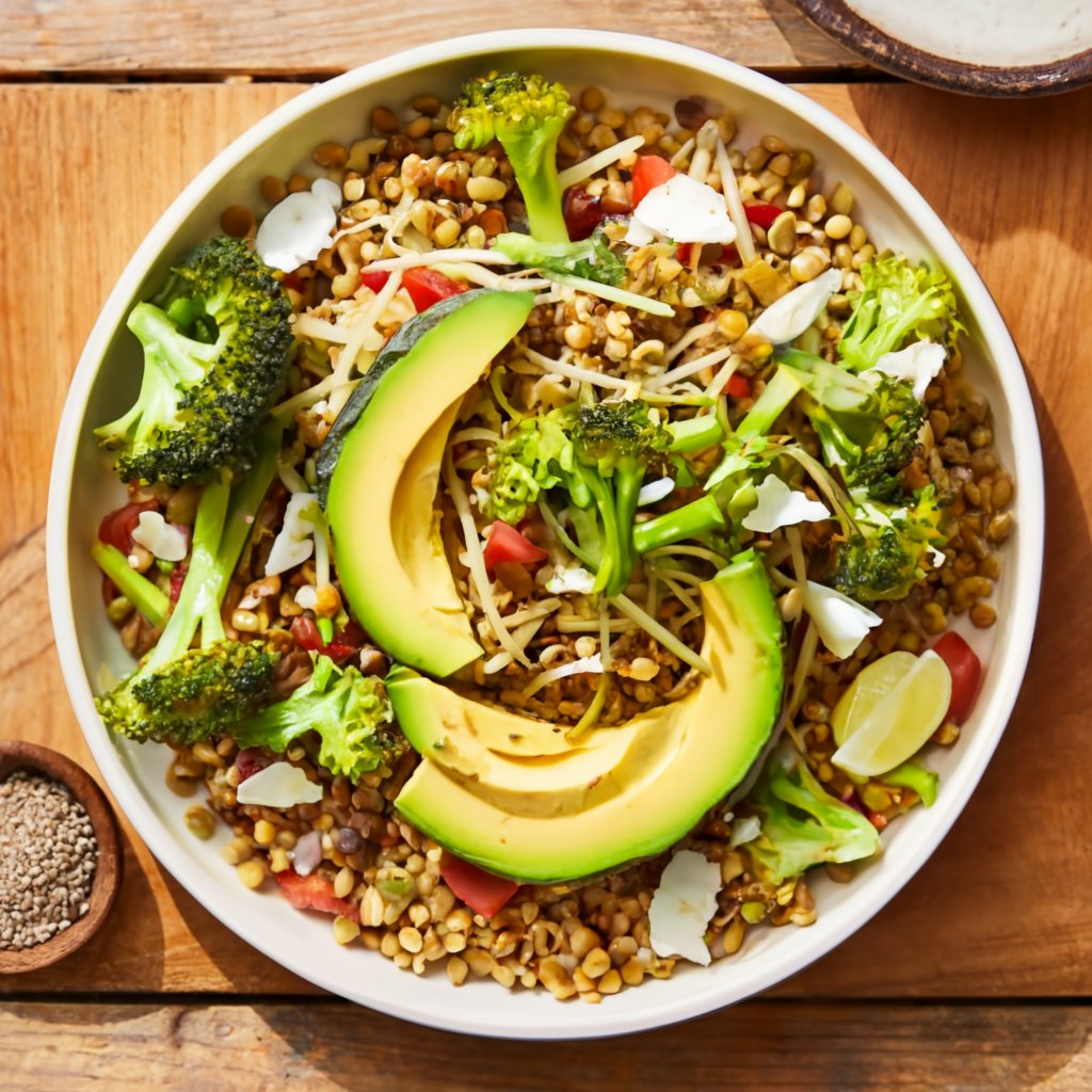 Salada de Brotos com Lentilha Germinadas, Brócolis e Abacate