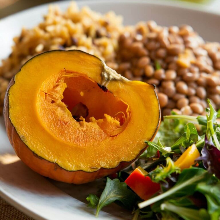 Abóbora Assada com Arroz de Lentilha e Salada Verde