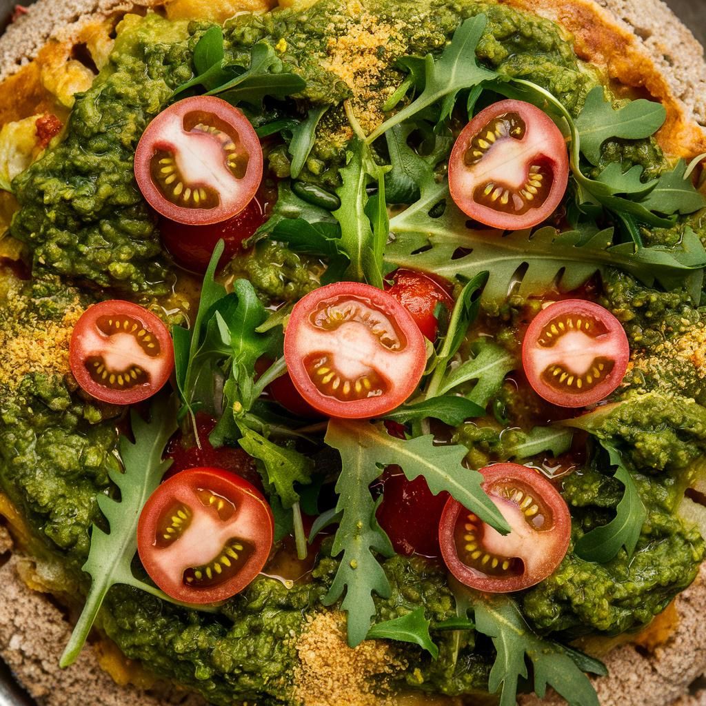 Pizza Fitness de Massa de Grão-de-Bico com Pesto de Rúcula e Tomates Cereja