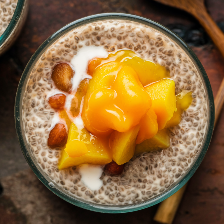 Pudim de Chia com Leite de Amêndoas e Purê de Manga