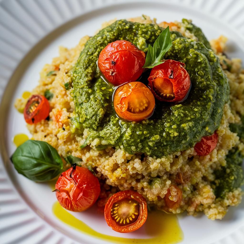 Quinoa Fitness ao Pesto com Tomates Assados Vegana