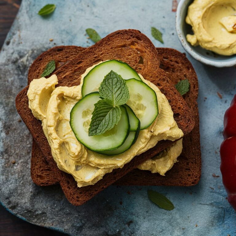 Toast Fitness de Centeio com Pasta de Grão-de-Bico e Pepino