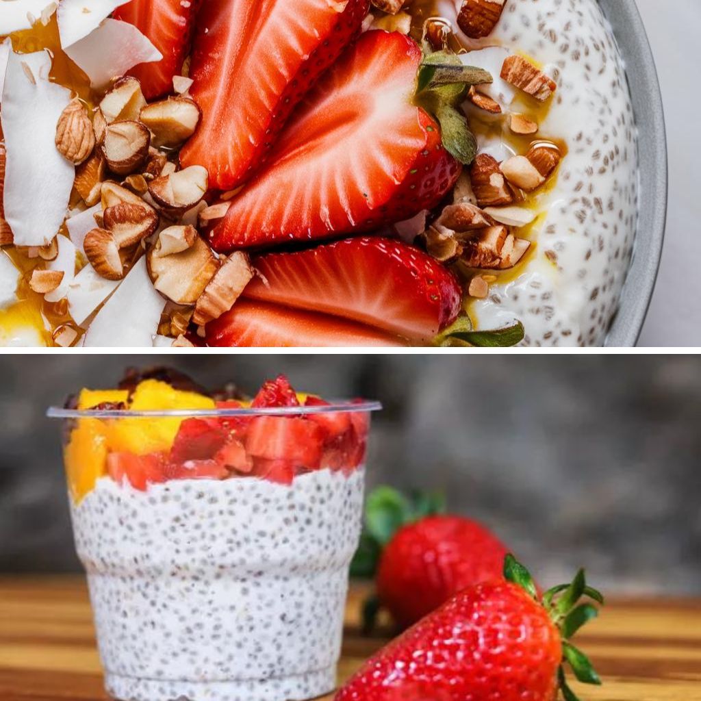 Chia Pudding de Coco com Morangos Low Carb Fitness Vegana