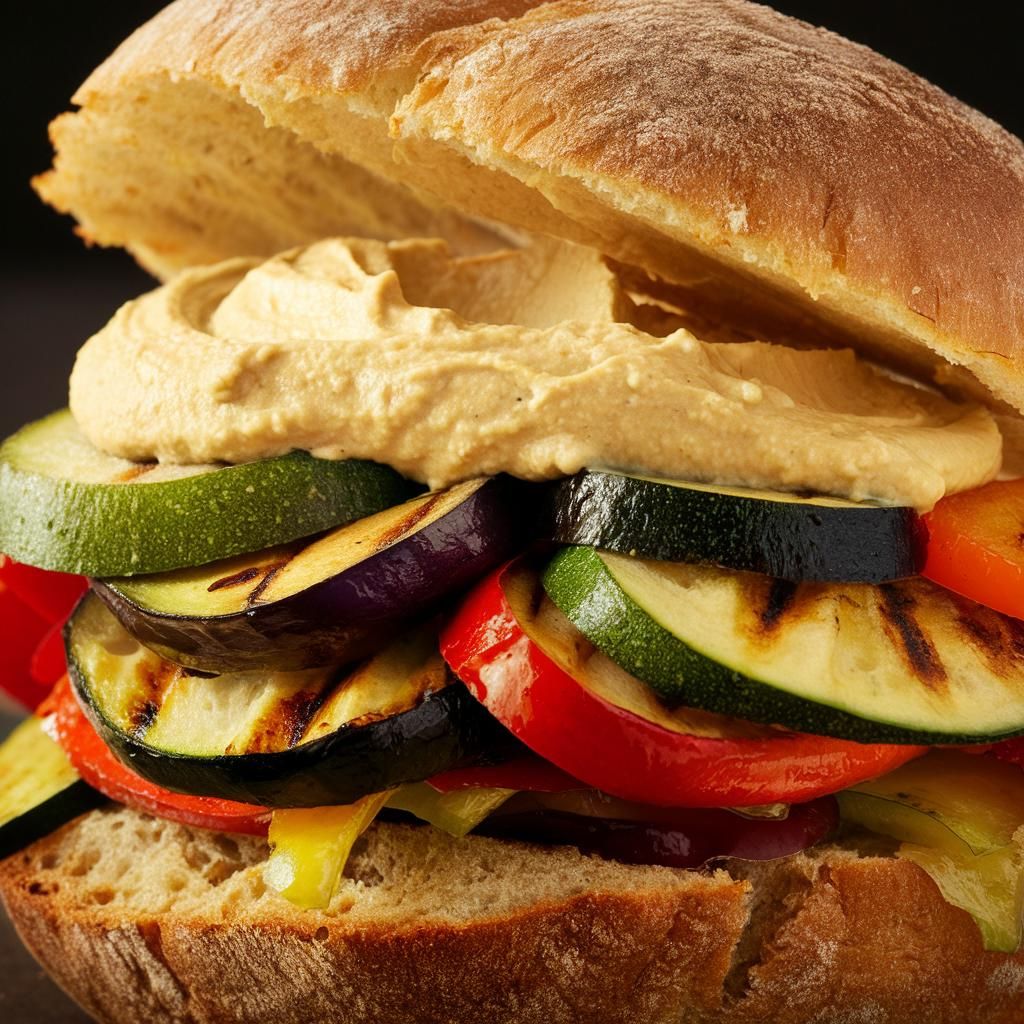 Sanduíche Aberto de Hummus e Vegetais Grelhados Fitness Vegano