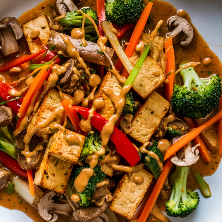 Stir-Fry Asiático de Tofu com Legumes e Molho de Amendoim