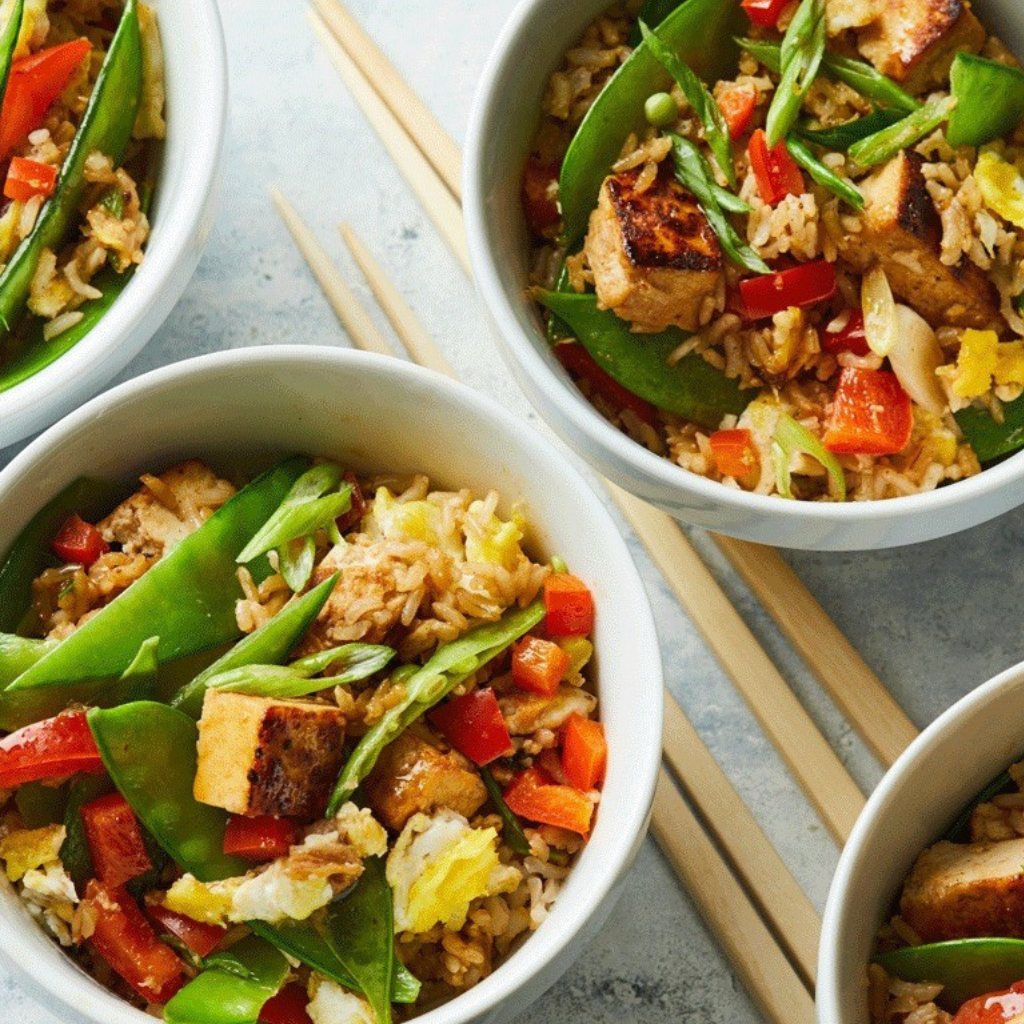 Arroz de Jasmim com Tofu Grelhado e Legumes Vegano e Sem Glúten