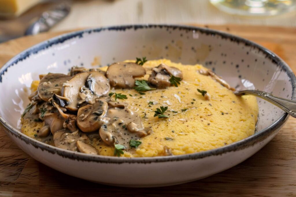 Polenta Cremosa com Cogumelos Salteados Vegana e Sem Glúten