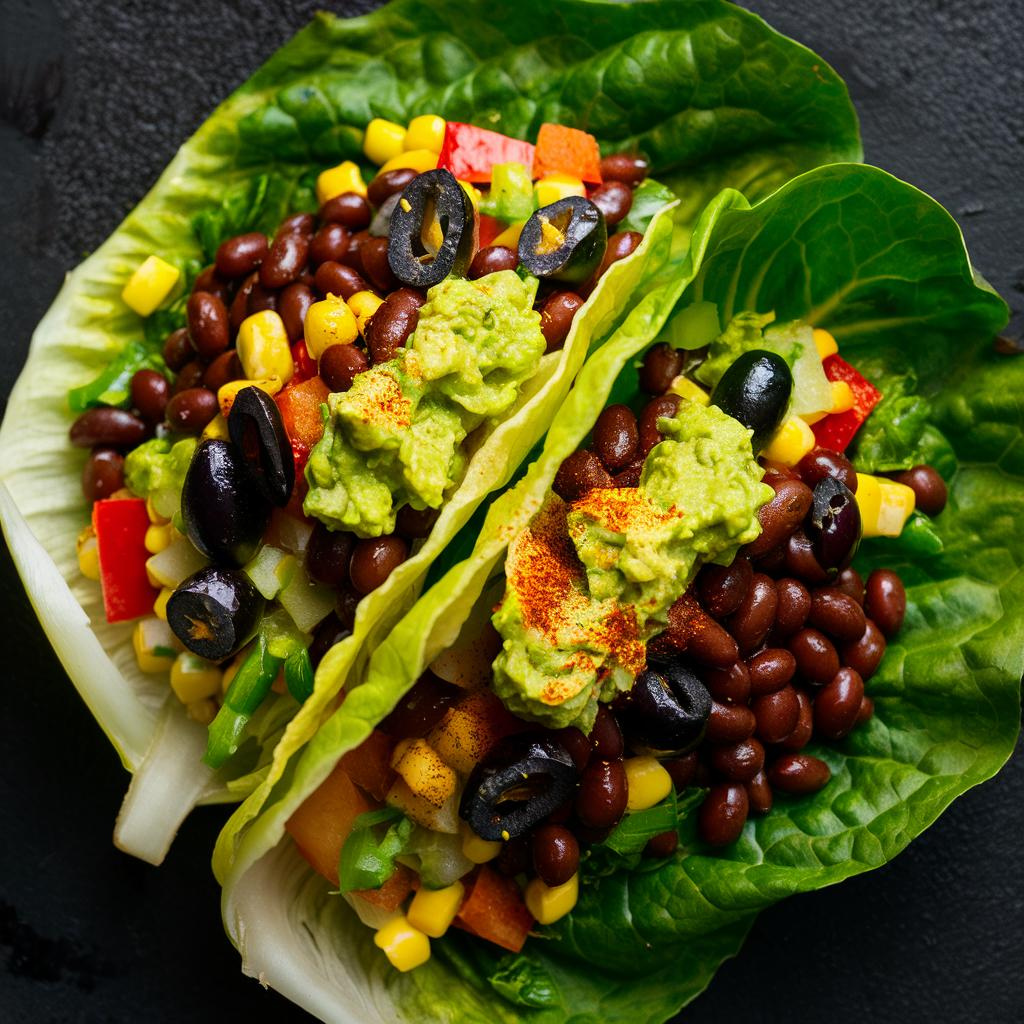 Tacos de Alface com Guacamole e Feijão Preto Veganos e Sem Glúten