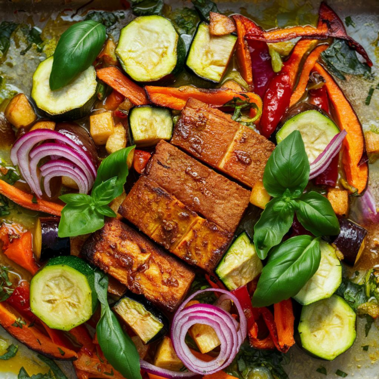 Tempeh Marinado com Legumes Assados Vegano e Sem Glúten