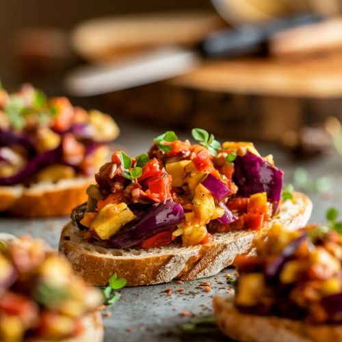 Caponata de Berinjela com Torradinhas Veganas