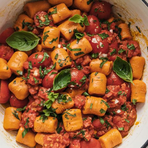 Nhoque Vegano de Batata-Doce com Molho de Tomate Rústico